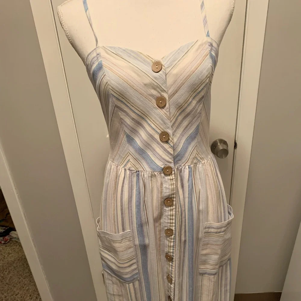 City Studio Striped Button-Front Sundress in Cream and Light Blue - Picture 1 of 5